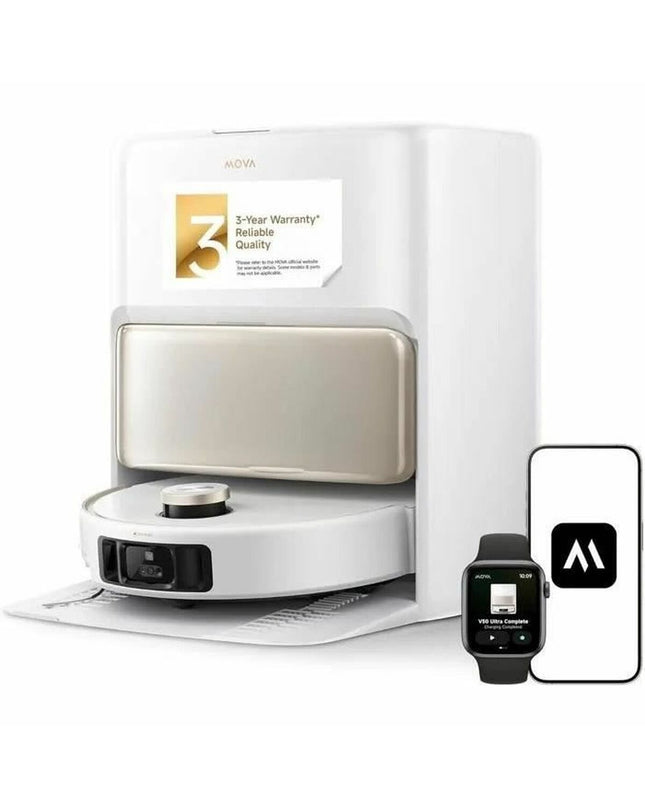 Dreame robot stofzuiger with 6400 mAh battery, cleaning floors and surfaces in a modern home setting.