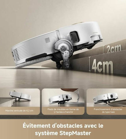Dreame robot stofzuiger with 6400 mAh battery cleaning hardwood floor in home, featuring sleek design and modern controls