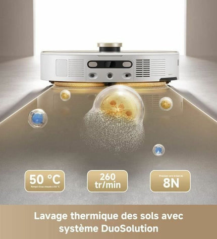 Dreame robot stofzuiger with 6400 mAh battery, cleaning floors in a modern home, compact and sleek design.