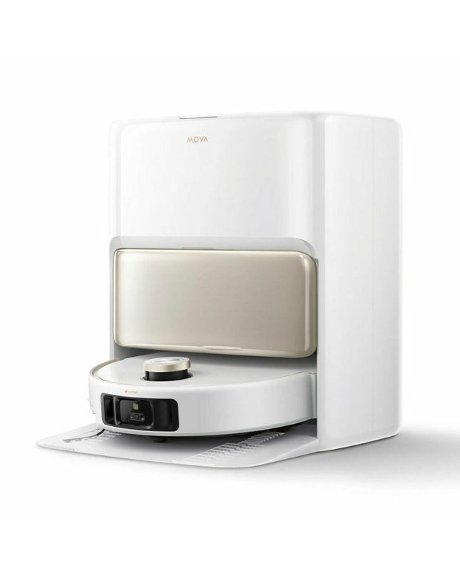 Dreame robot stofzuiger with 6400 mAh battery cleaning hardwood floor in a modern living room scene.