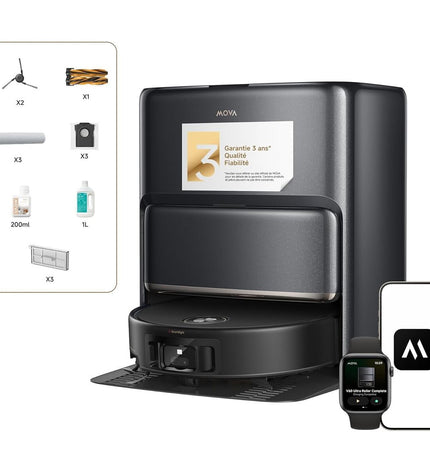 MOVA robot stofzuiger with 6400 mAh battery cleaning hardwood floor, compact design for home floor and window cleaning.