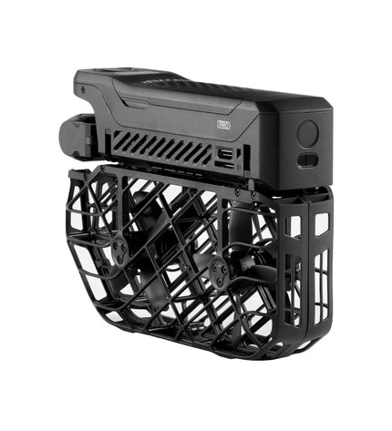 Hoverair Hoverair SP06H002 black drone with camera, electronic photography and videography device, shown from a side view.