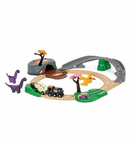 Brio Aventure Dinosaure train rails toy set with dinosaur figures, designed for children's play and imaginative adventures.