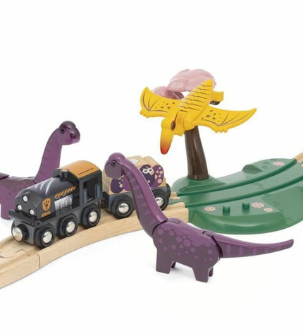 Brio Aventure Dinosaure treinrails set with colorful dinosaur-themed train and vehicle tracks for kids' play and adventures.