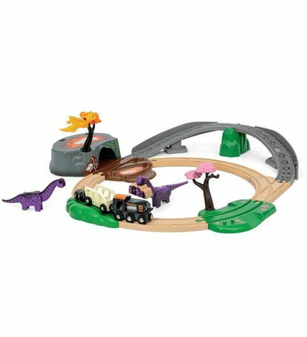 Brio Aventure Dinosaure train rails toy set with colorful dinosaur-themed wooden tracks and vehicles for kids.