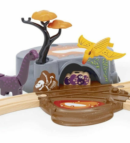 Brio Aventure Dinosaure train rails toy for children, featuring colorful dinosaur-themed wooden train set and vehicle pieces.
