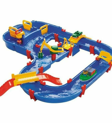 AquaPlay Circuit AquaPlay Mega Bridge with three aquatic-themed toy vehicles on a colorful playset for kids.