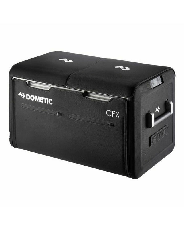 Black Dometic CFX3 PC75 mini-fridge protective cover, outdoor camping and hiking accessory for refrigerator protection.