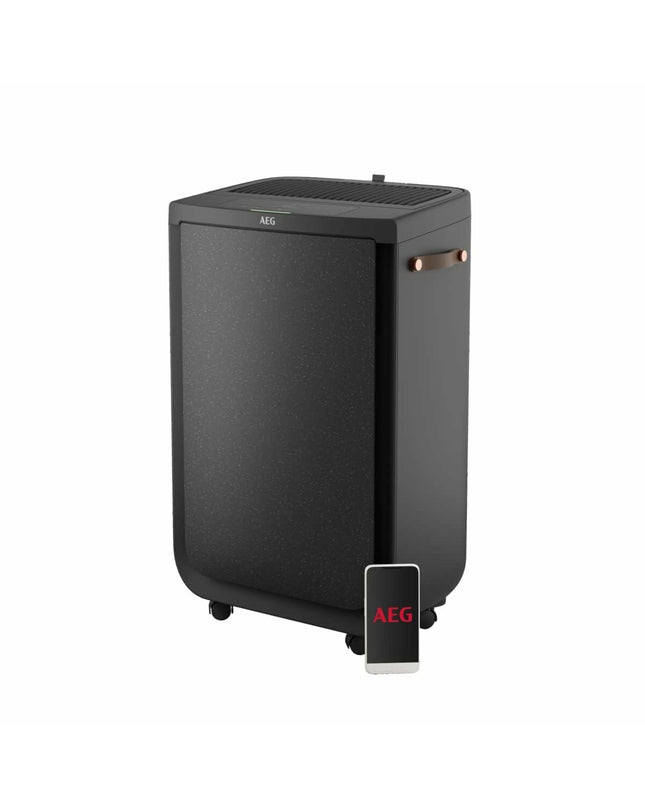 Portable air conditioner AEG APU72571DG for home use, with vents and digital display visible in the image.