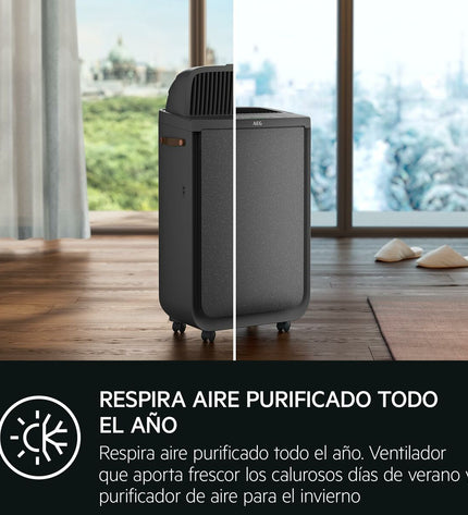 AEG APU72571DG portable air conditioner for home and kitchen, showing vents and control panel in a modern room setting.