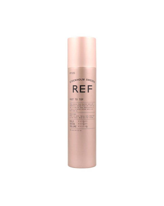 REF Stylingmousse REF ROOT TO TOP 250 ml, volumizing hair mousse in a white and green bottle, for styling and root lift.