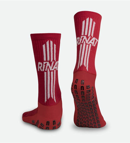 Red Rinat Sports Socks for soccer, sport and outdoor activities, featuring breathable fabric and athletic design.