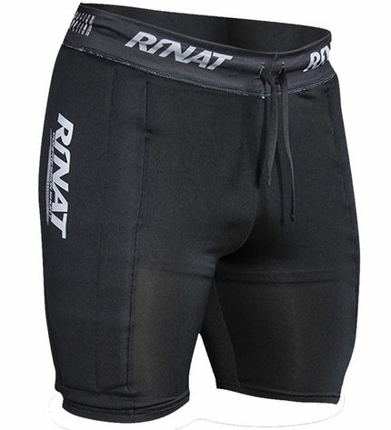 Rinat goalkeeper soccer pants in black with white accents, designed for sport and outdoor use, featuring padded knee areas.