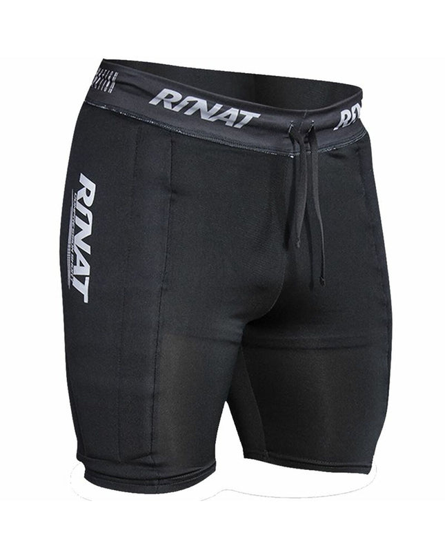 Rinat goalkeeper football pants in black with padded knee areas, designed for soccer players and outdoor sports.
