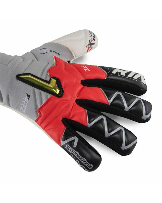 Gray Rinat Keeperhandschoenen for soccer, Xtreme Guard Zhero model, adult size, designed for goalkeeper protection and grip.