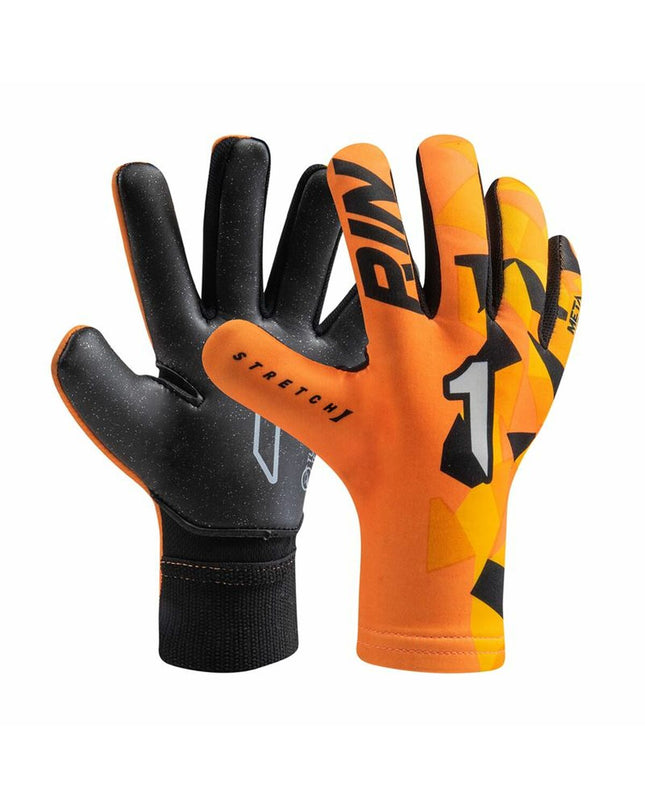 Rinat Kinder Keeperhandshoenen Rinat Meta Tactik Gk As in donker oranje, designed for youth football goalkeeping.