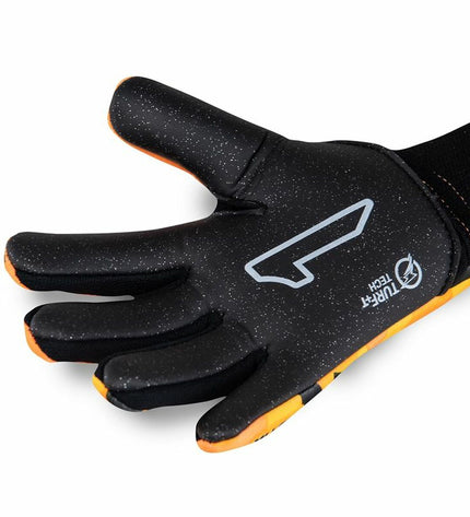 Rinat Kinder Keeperhandschoenen Rinat Meta Tactik GK in donker oranje, voetbal sport en outdoor goalie gloves.