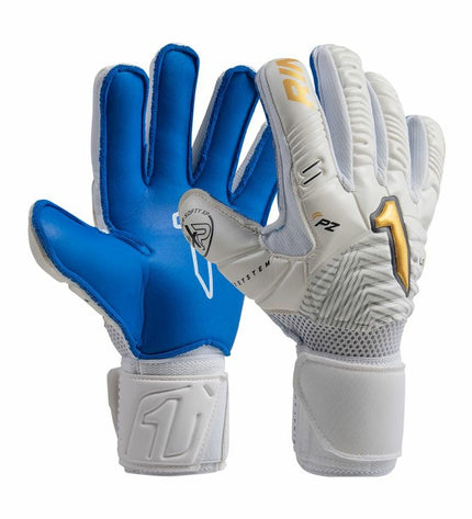 Rinat Keeperhandschoenen in wit, designed for adult soccer goalkeepers, featuring durable, breathable material for outdoor play.