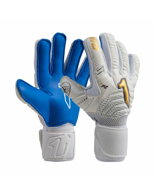 Rinat Keeperhandschoenen in wit, designed for adult soccer goalkeepers, featuring durable, breathable material for outdoor play.