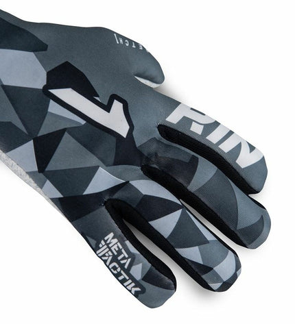 Gray Rinat Keeperhandschoenen Meta Tactik GK for adults, designed for soccer goalkeeping, with textured palms for better grip.