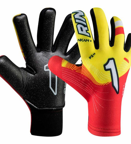 Yellow and red Rinat Keeperhandschoenen Rinat Nkam As turf goalie gloves for adults, designed for soccer and outdoor play.