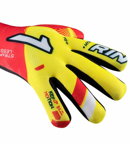 Rinat Keeperhandschoenen Rinat Nkam As turf goalkeeper gloves in yellow and red for adults, designed for soccer and outdoor sports.