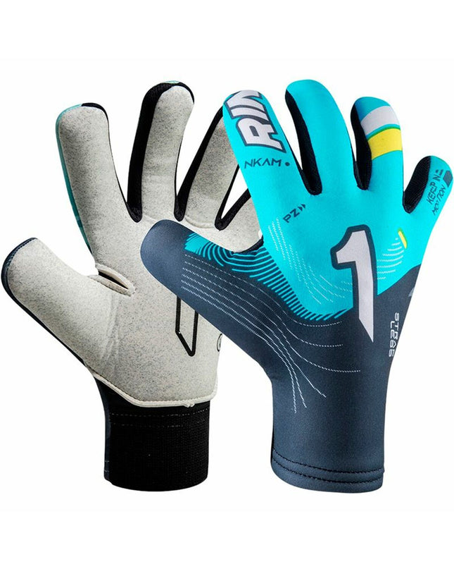 Rinat Keeperhandschoenen Rinat Nkam As turf goalkeeper gloves for adults in black with padded palms and adjustable wrist straps.