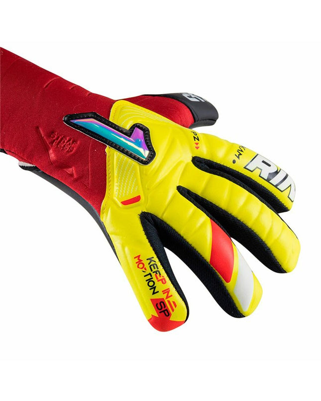 Red Rinat Keeperhandschoenen for adults, semi-oversized football goalkeeper gloves with reinforced palms and secure fit.