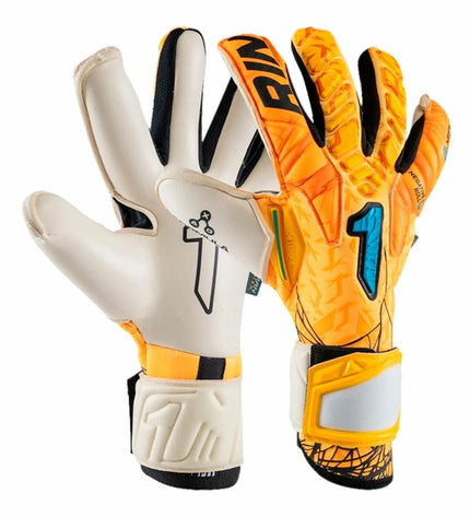 Orange Rinat Egotiko Vengador Pro goalkeeper gloves for adults, designed for soccer and outdoor sports.