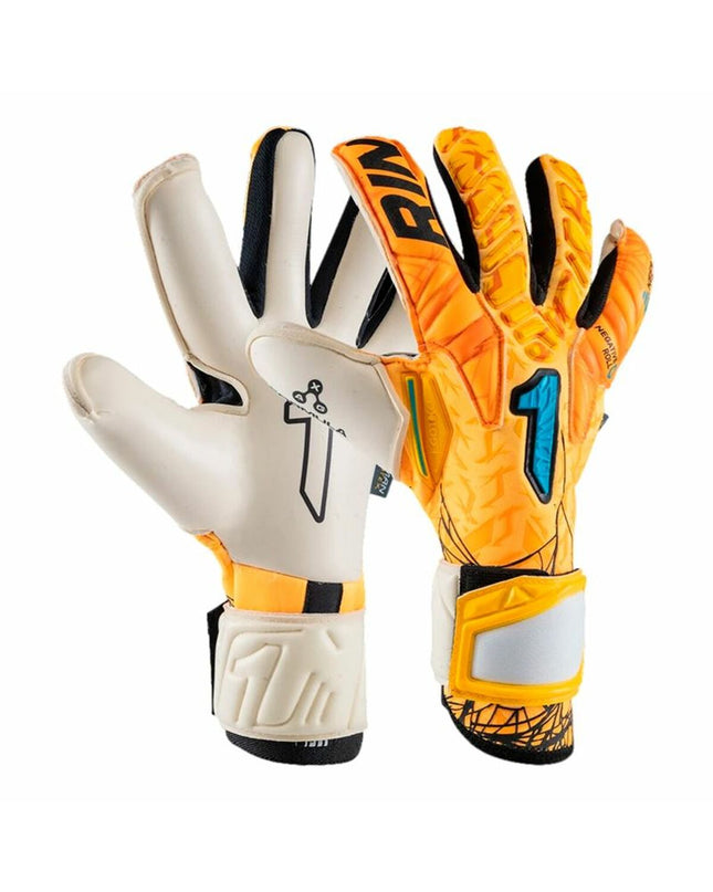 Orange Rinat Egotiko Vengador Pro goalkeeper gloves for adults, designed for soccer and outdoor sports.