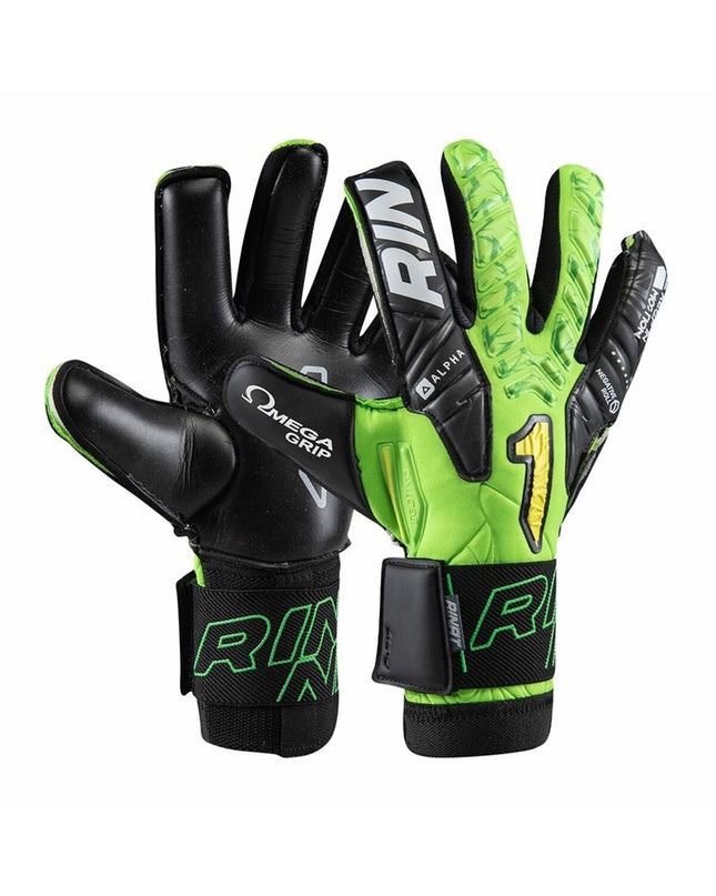 Rinat Egotiko Vengador Alpha multicolour adult goalkeeper gloves for soccer, featuring vibrant design and protective grip.