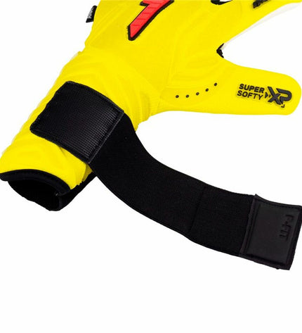Rinat Aries Nemesis Prime yellow goalkeeper gloves for soccer, sport and outdoor use, showing the detailed finger and palm design.