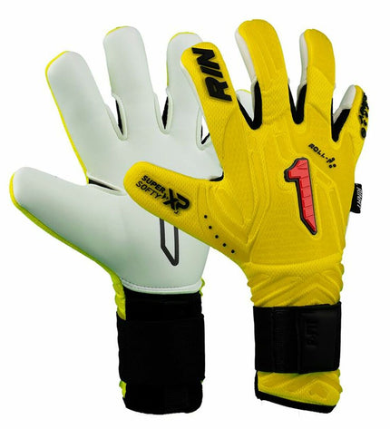 Rinat Aries Nemesis Prime yellow goalkeeper gloves for adults, designed for soccer and outdoor sports.