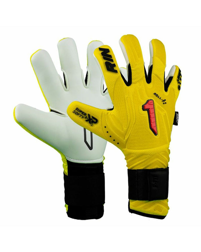 Rinat Aries Nemesis Prime yellow goalkeeper gloves for adults, designed for soccer and outdoor sports.