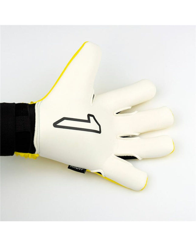 Rinat Aries Nemesis Prime yellow goalkeeper gloves for adults, designed for outdoor football and sport use.