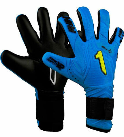 Rinat Aries Némesis Prime blue goalkeeper gloves for soccer, showing the detailed design and branding on the sports gloves.