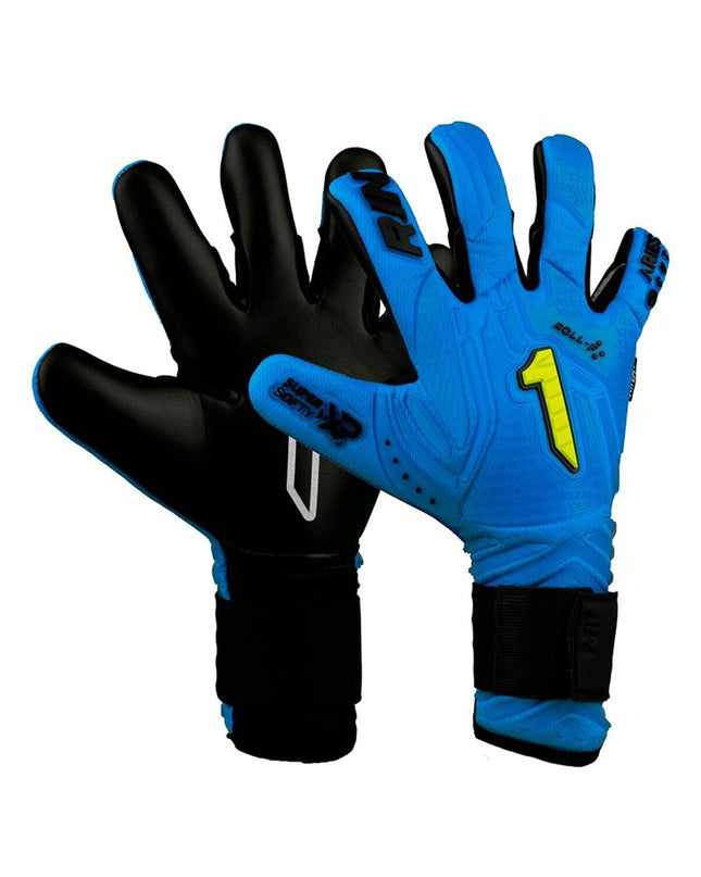 Rinat Aries Némesis Prime blue goalkeeper gloves for soccer, showing the detailed design and branding on the sports gloves.