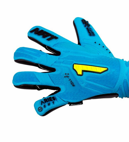 Rinat Aries Némesis Prime blue goalkeeper gloves for soccer, designed for sport and outdoor football activities.