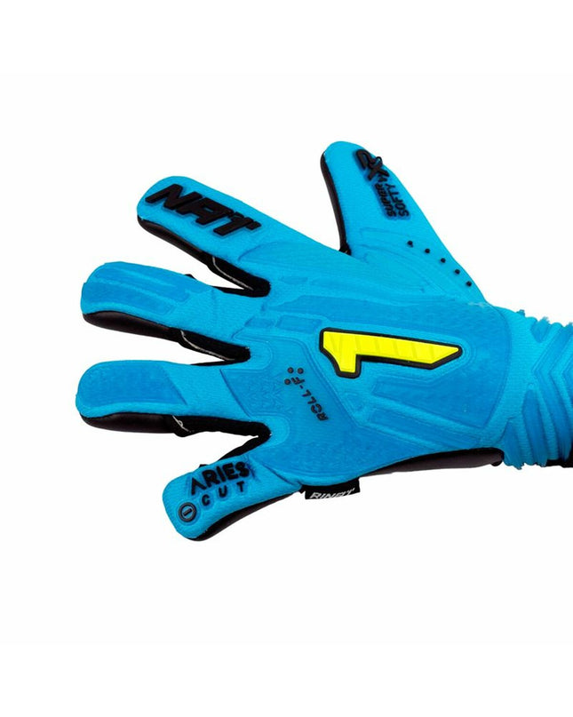Rinat Aries Némesis Prime blue goalkeeper gloves for soccer, designed for sport and outdoor football activities.
