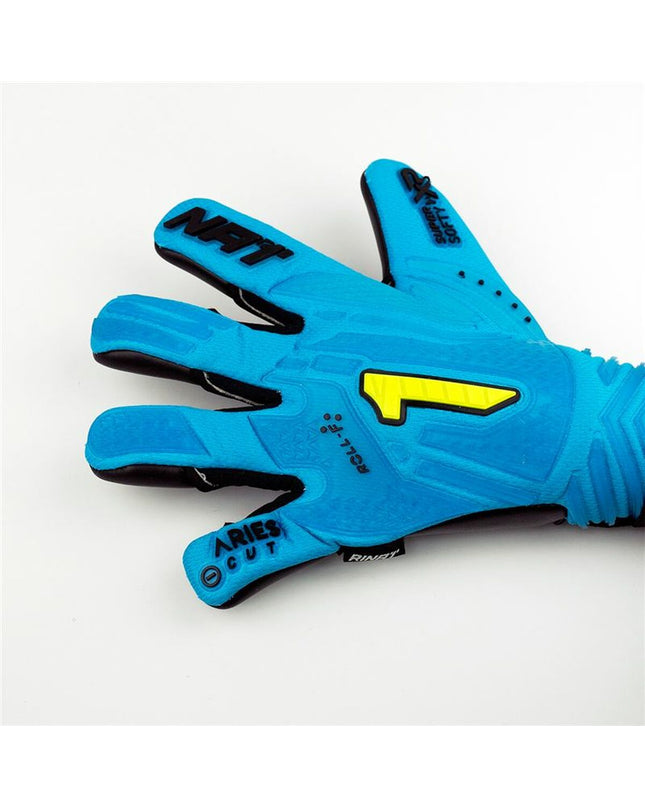 Blue Rinat Keeperhandschoenen Rinat Aries Némesis Prime for adults, designed for soccer goalkeeping, with padded palms and secure fit.