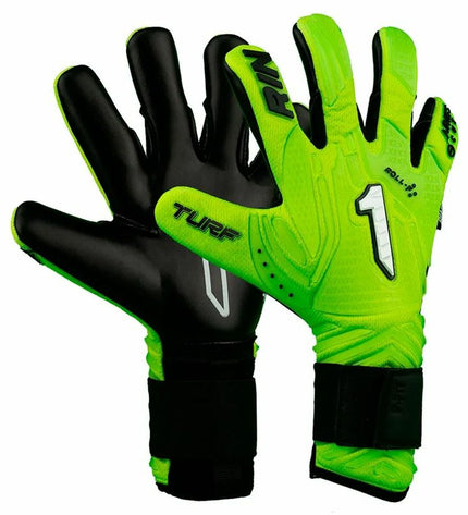 Rinat Aries Némesis turf goalkeeper gloves in lime green for adults, designed for soccer and outdoor sports.