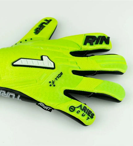 Rinat Aries Némesis Turf goalkeeper gloves in lime green for adults, designed for soccer and outdoor sports.