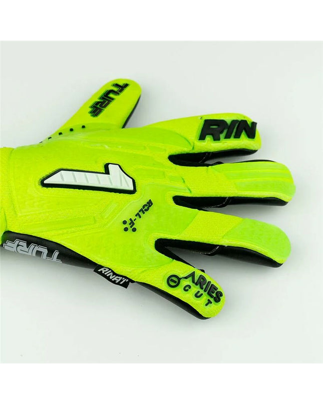 Rinat Aries Némesis Turf goalkeeper gloves in lime green for adults, designed for soccer and outdoor sports.