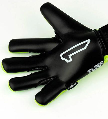 Rinat Aries Némesis Turf goalkeeper gloves in lime green with padded palms and finger protection for adult soccer players.