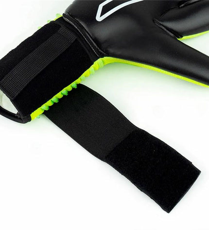 Rinat Aries Némesis turf goalkeeper gloves in lime green for adults, designed for soccer, with padded palms and secure wrist straps.