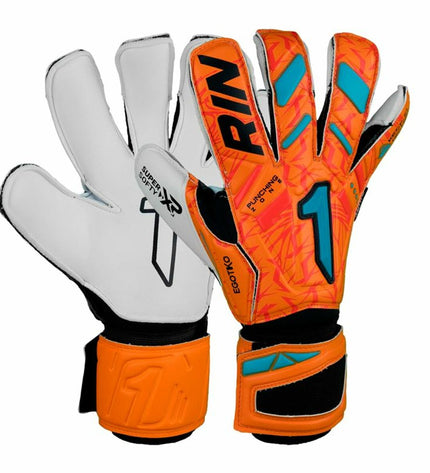 Rinat Egotiko Vengador Prime orange goalkeeper gloves for soccer, featuring padded palms and secure wrist straps.