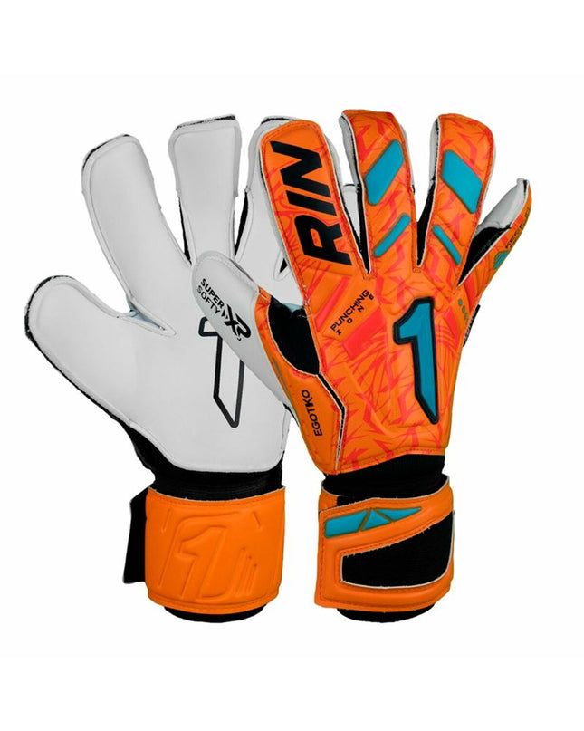 Rinat Egotiko Vengador Prime orange goalkeeper gloves for soccer, featuring padded palms and secure wrist straps.