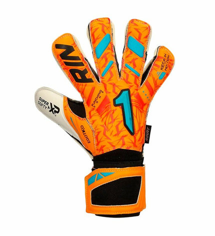Rinat Egotiko Vengador Prime adult goalkeeper gloves for soccer, black and orange with padded palms and secure wrist straps.