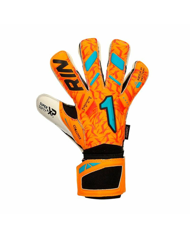 Rinat Egotiko Vengador Prime adult goalkeeper gloves for soccer, black and orange with padded palms and secure wrist straps.