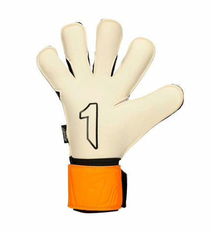 Rinat Egotiko Vengador Prime adult goalkeeper gloves for soccer, black with white accents, featuring padded palms and secure wrist straps.